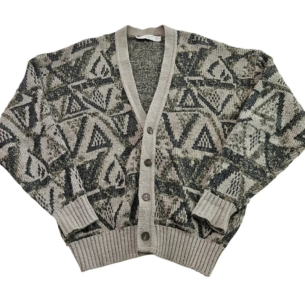 Jantzen Mens VTG Geometric Abstract Grandpa Core Knit Cardigan Sweater Sz L
